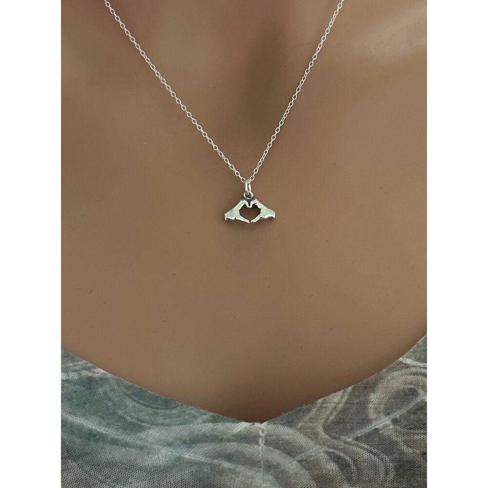 Sterling Silver Heart Hands Necklace, Sterling Silver Heart Hands Charm Necklace